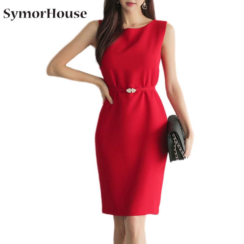 

Casual Dresses Summer Round Neck Knee-length Work Business Red Pencil Dress Women Sashes High Waist OL Elegant Vestidos Femme 2021