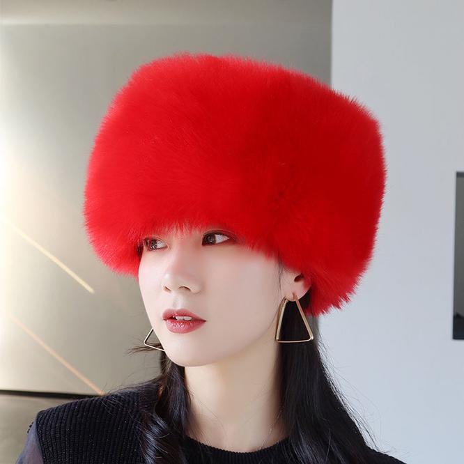 

Beanies Winter Women Fashion Russian Thick Warm Fluffy Fake Faux Fur Hat Empty Top Headscarf Red
