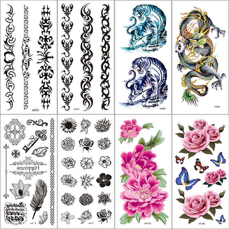 

Black Sketch Dragon Tiger Men Tattoo Sticker Waterproof Temporary Watercolor Flower Rose Women Girl Tattoos Body Art Arm Tatoo