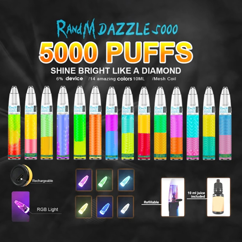 

RandM Dazzle 5000 Puffs Disposable E Cigarettes 6% 10ml Pre-filled Pod 650mAh Rechargeable Battery With RGB Light MESH COIL Vape Pen Device 21 Colors 100% Original