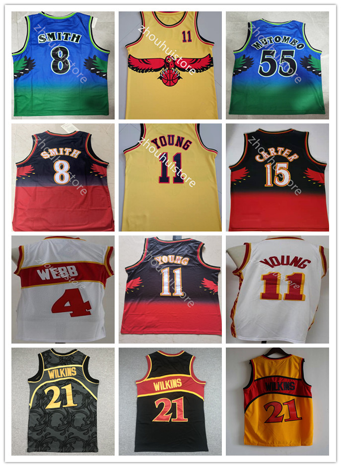 

2021 2022 New Men Basketball Trae 11 Young yellow Jersey Dikembe 55 Mutombo Pete 44 Maravich 8 Smith Throwback Spud 4 Webb 21 Jersey, Black;red