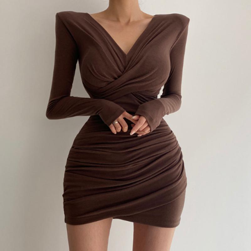 

Casual Dresses AOSSVIAO 2022 Long Sleeve Black Ruched Pure Sexy Bodycon Mini Dress Spring V-neck Women Streetwear Party Outfits Clubwear Bro, Black;gray