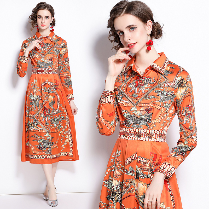 

Quality Classic Button Shirt Dress 2021 Runway Designer Autumn Winter Long Sleeve Lapel Printed Holiday Prom Office Ladies Pleated Dresses G, Black;gray