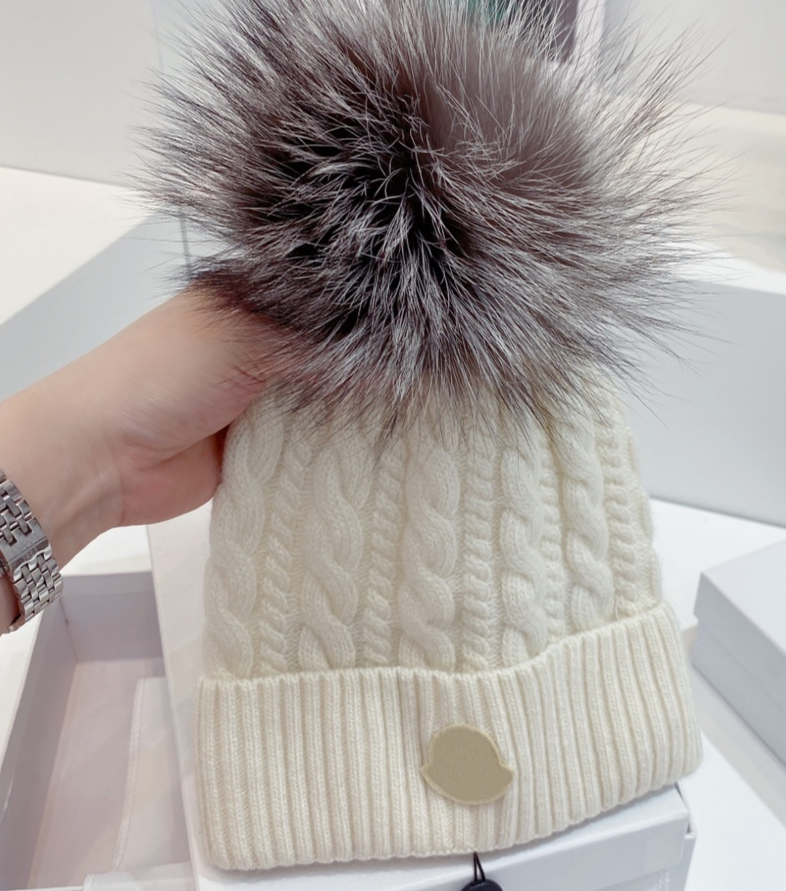 

Fox Fur Pom Pom Beanie Cap Women Fashion Wool Knit Beanie/Skull Caps Sport Hats Winter Ski Cap Hat unisex, As like the picture