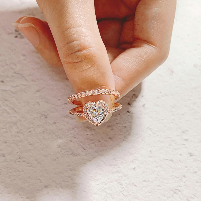 

Cluster Rings Wedding For Women Korean Love Heart Zircon Rose Gold Color 2 PCS Ring Set Bride Jewelry Wholesale Gift SR841, Golden;silver