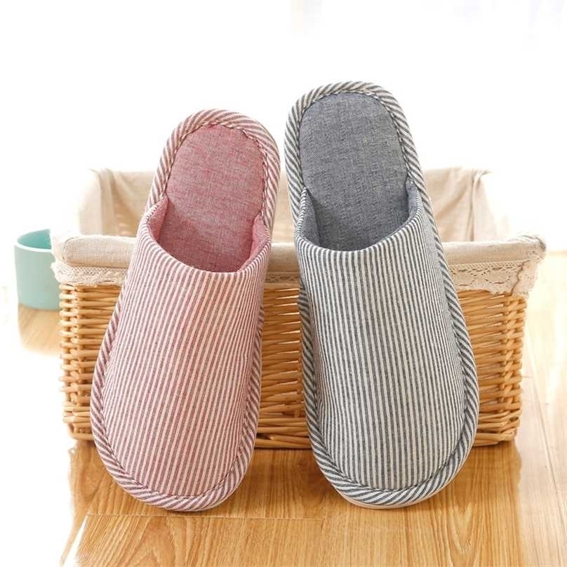 

Striped Warm Linen Cotton Shoe Mens Soft Home Slippers Indoor Outdoor Round Toe Floor Flat Slide Zapatillas de hombre 211110, Red