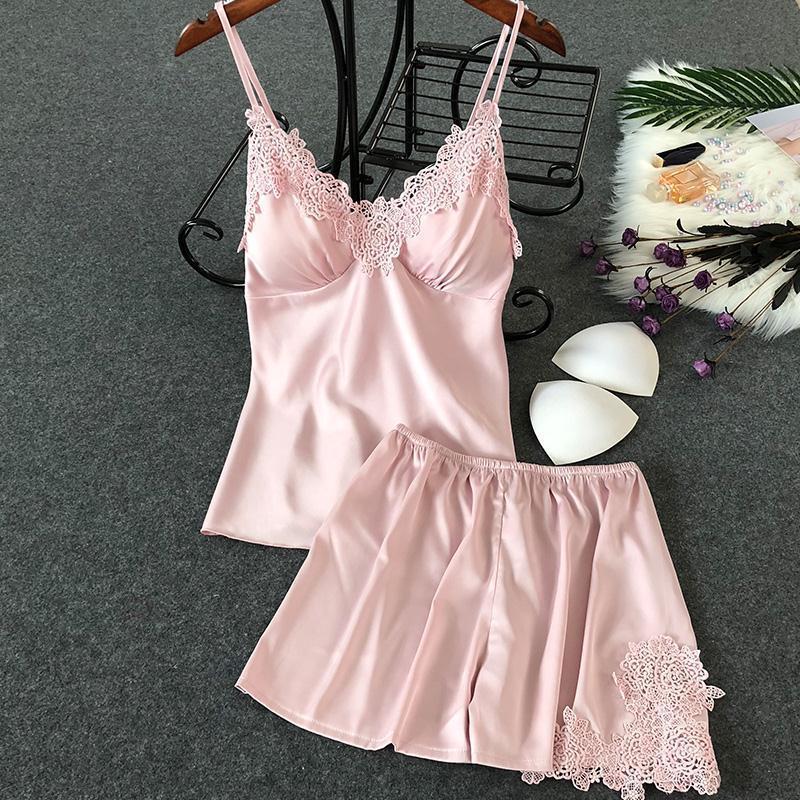 

Sexy Silk Pajamas for solid Womens Set Summer 2021 Pyjamas Satin Sleepwear V-Neck Mujer 2 Piece Sets, White