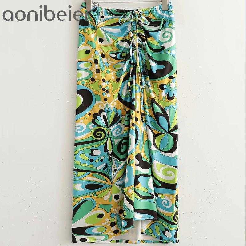 

Summer Printed Casual Holiday Beach Midi Skirt Fashion Drawstring Lace-up Elastic High Waist Women Split Long Skirts 210604, Tees