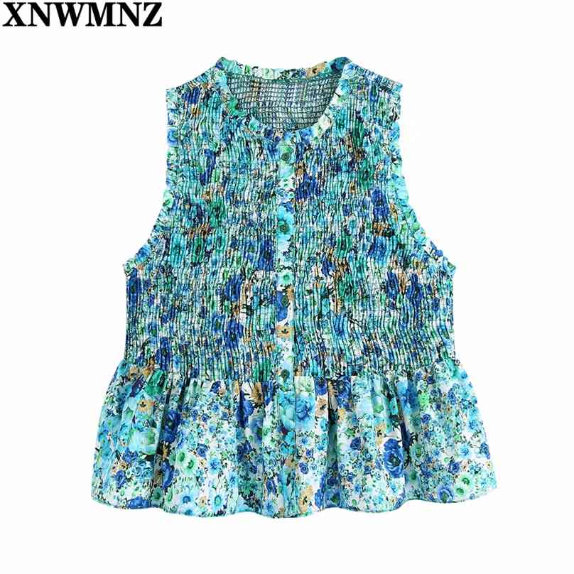 

Women Sweet Floral Print Elastic Slim Short Smock Blouse Female Sleeveless Vest Shirts Chic Hem Ruffles Crop Tops 210520, Green