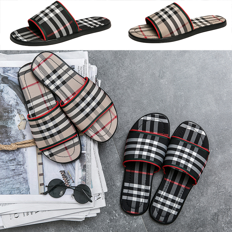 

Luxury Grid pattern slipper Men Brand designer Slides Fashion Summer Beach Flat Sandals Slippers black Khaki outdoor Indoor Flip Flops TOP QUALITY