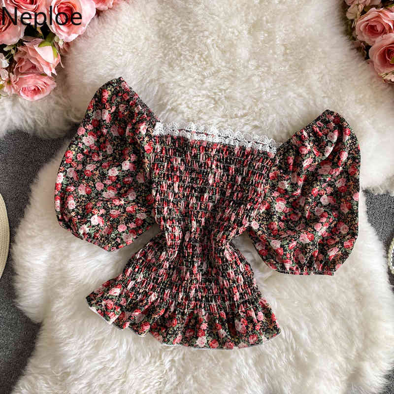 Neploe Blusas Mujer De Moda Floral Pleated Blouses Women Sexy Slash Neck Sweet Ruffles Crop Tops Summer Chiffon Shirt 95159 210422