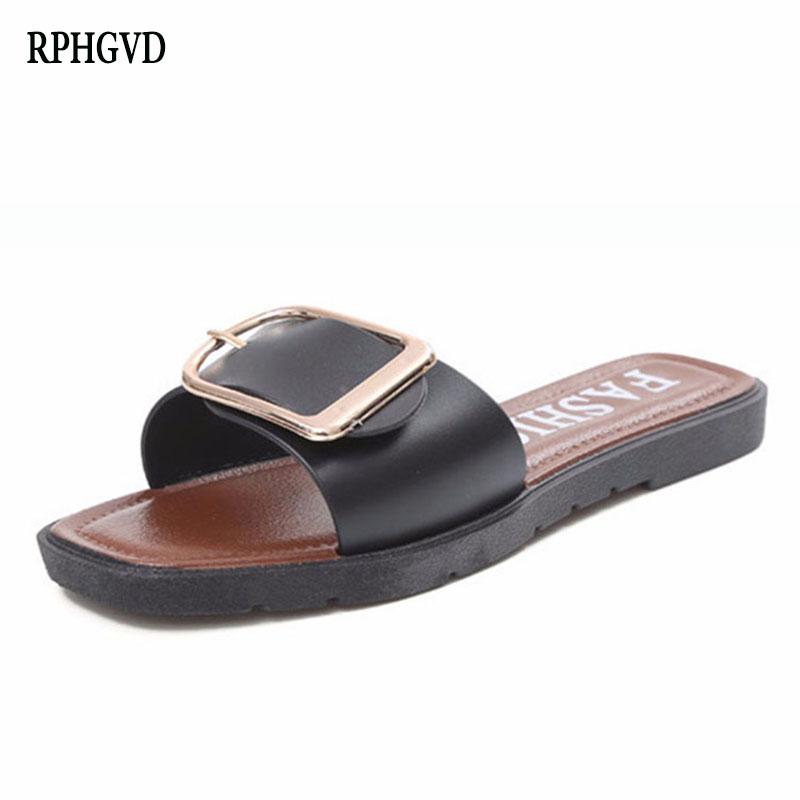 

Slippers 2021 Out Square Buckle Female Summer Wear Flat Sandals Wild Fashion Outdoor Beach Women, Black