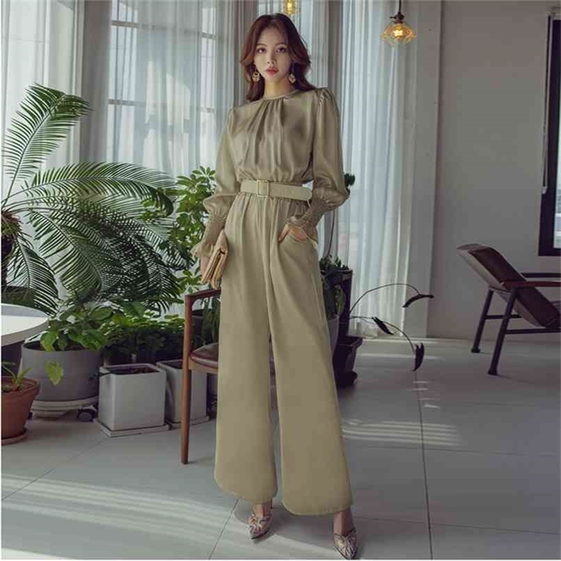 

Satin Rompers for Women High Quality Long Flare Sleeve O-neck waist Wide leg Jumpsuits Summer Fall Temperament Overalls 210602, Picture color