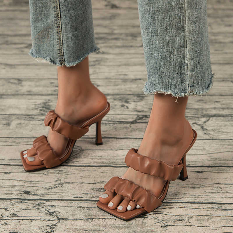 

Women Sandals Outdoor Slippers Thin Heel Women Shoes Female Slides Ladies Designer Shoe 10cm Heel Casual Footwear Party Fashion Y0721, Brown