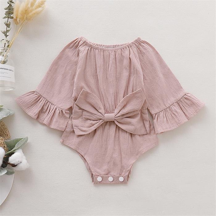 

Rompers Spring Baby Girl Bodysuit Solid Color Long Ruffles Sleeves Bow Jumpsuit Cute Fashion born Clothes E8901 FTPA, Pink