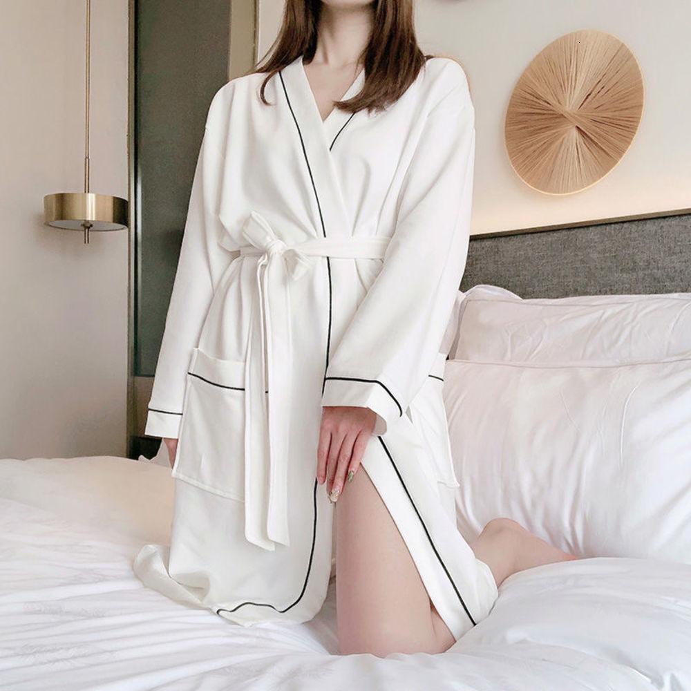 

Pajamas women's spring and summer short long sleeve sexy couple's robe pure color cotton medium length bathrobe big size home