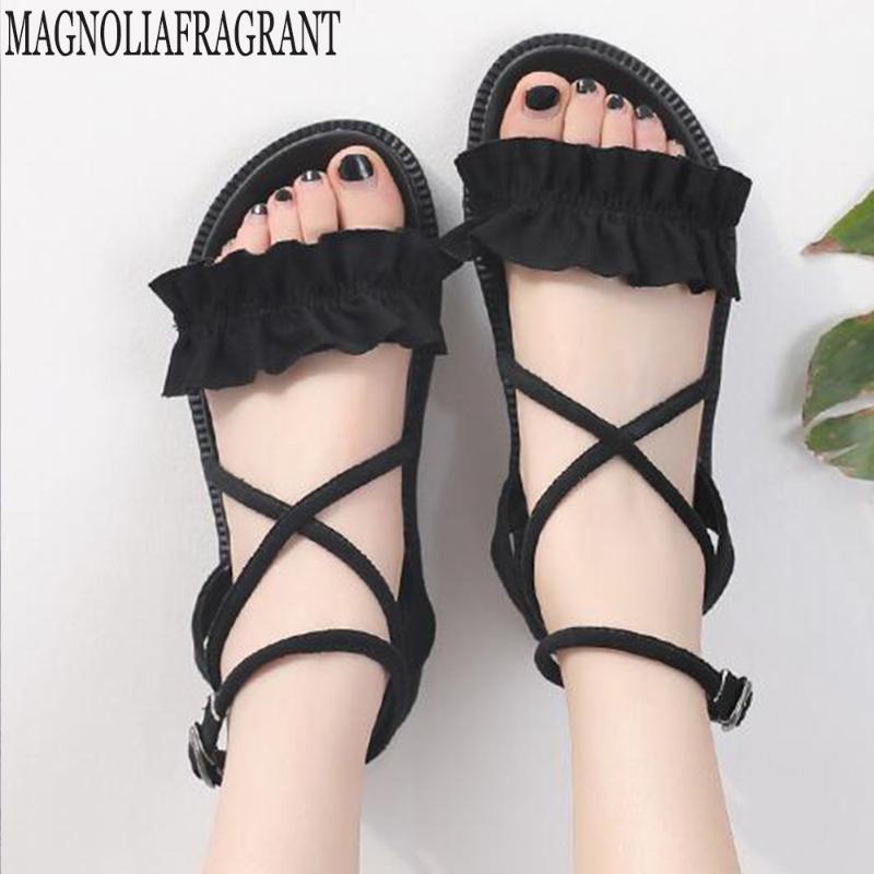 

Sandals Summer Fashion Women's Platform Large Size Cross Belt Casual Flat Bottom Open Toe Women Roman Shoes Hy258, Black