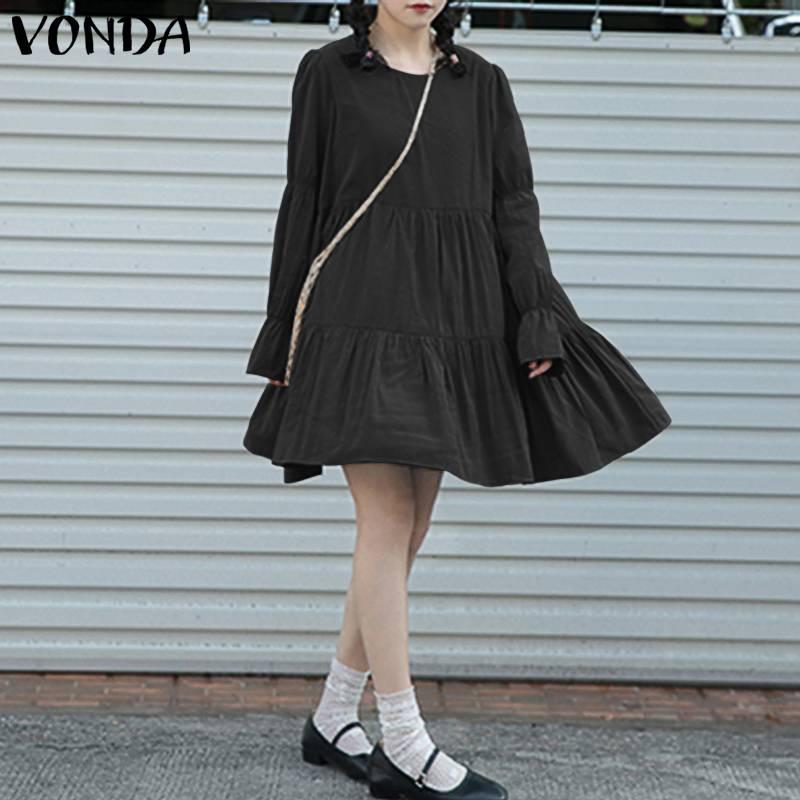 

Autumn Dress 2021 VONDA Casual O Neck Long Sleeve Cotton Dresses Plus Size Bohemian Vestidos Beach Sundress S-5XL Robe, Black;gray