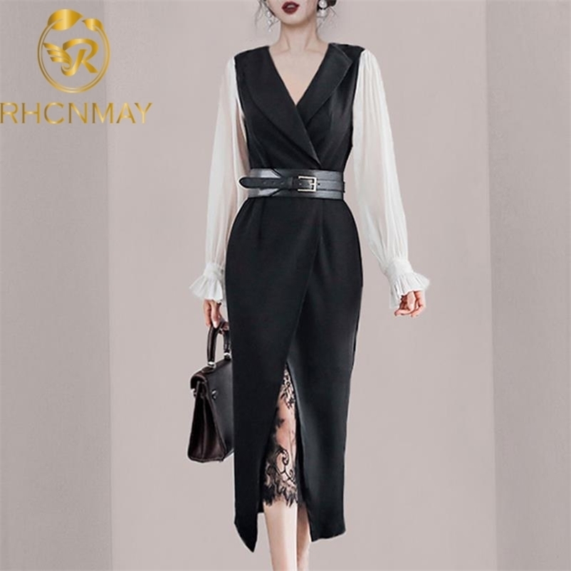 

High Quality Women Spring Summer Bodycon Dress Runway Black White Patchwork Lace Flare Sleeve Sheath Belt 210520