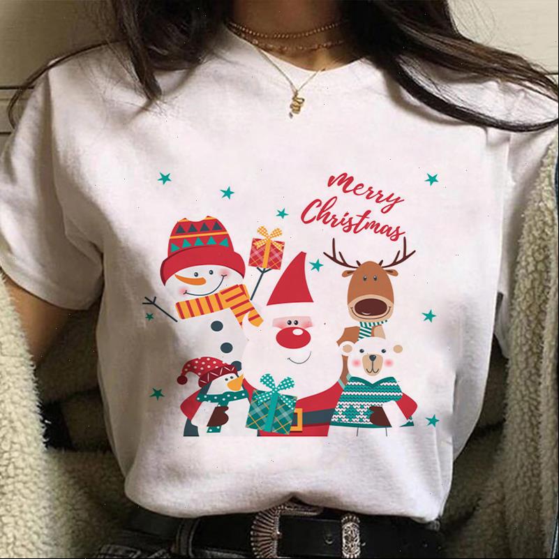 

Womens Tops Merry Christmas Santa And Snowman Graphic Print T shirt Women Harajuku Short Sleeve Tshirt Tee Unisex Fashion Female, White