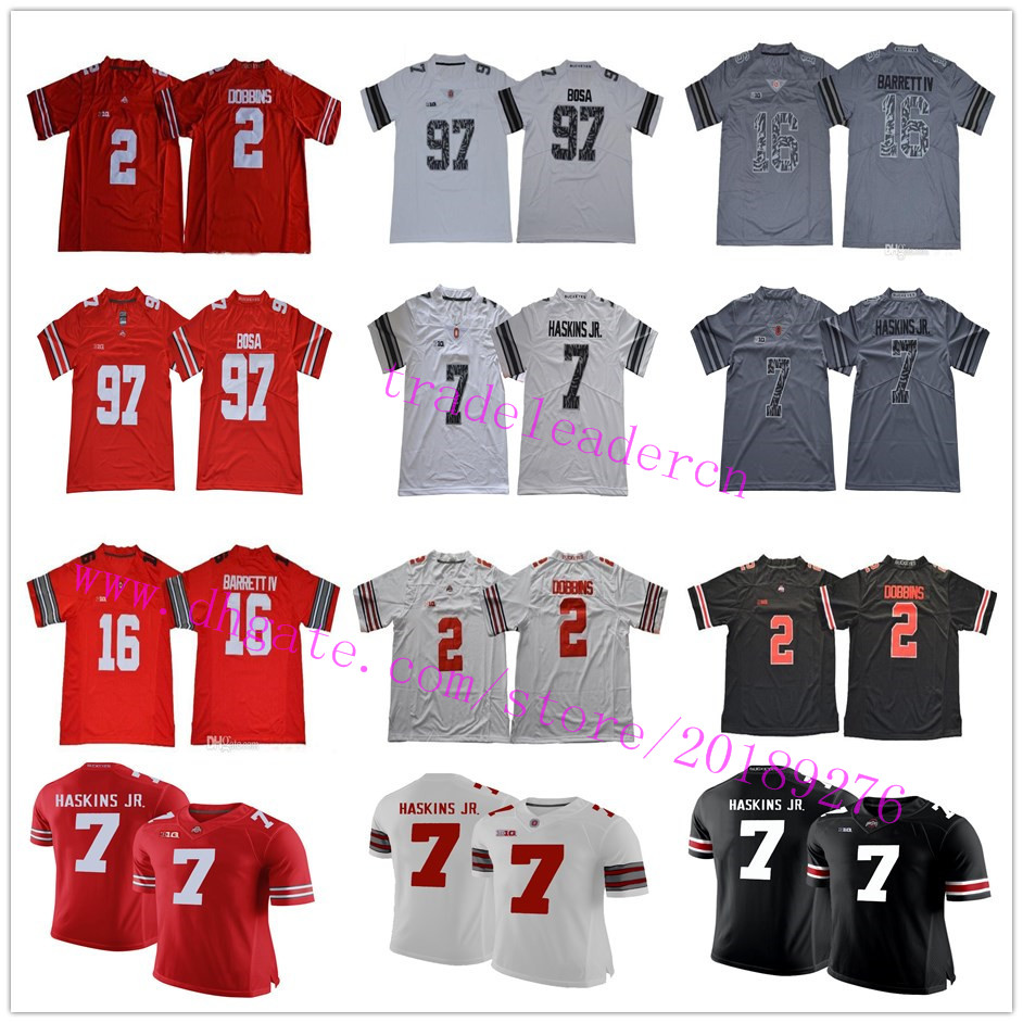 

Mens NCAA 7 Dwayne Haskins Jr 2 JK Dobbins 97 Football Joey Bosa 16 JT Barrett IV 15 Ezekiel Elliott Ohio State Buckeyes College Jerseys, White