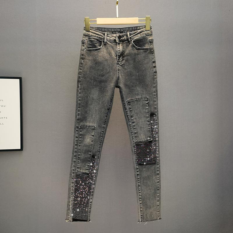 

Women's Jeans spring summer cotton thin drawing pencils gray jean strass female jeans leisure cowboy denim DJ74, 1# shoe box