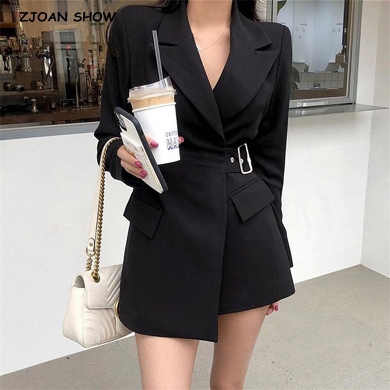 

Autumn Winter CHIC Metal Eyelet Buckle Belt Blazer Sexy Ladies Slim Waist Mid Long Women Suit Coat Female 210429, Black