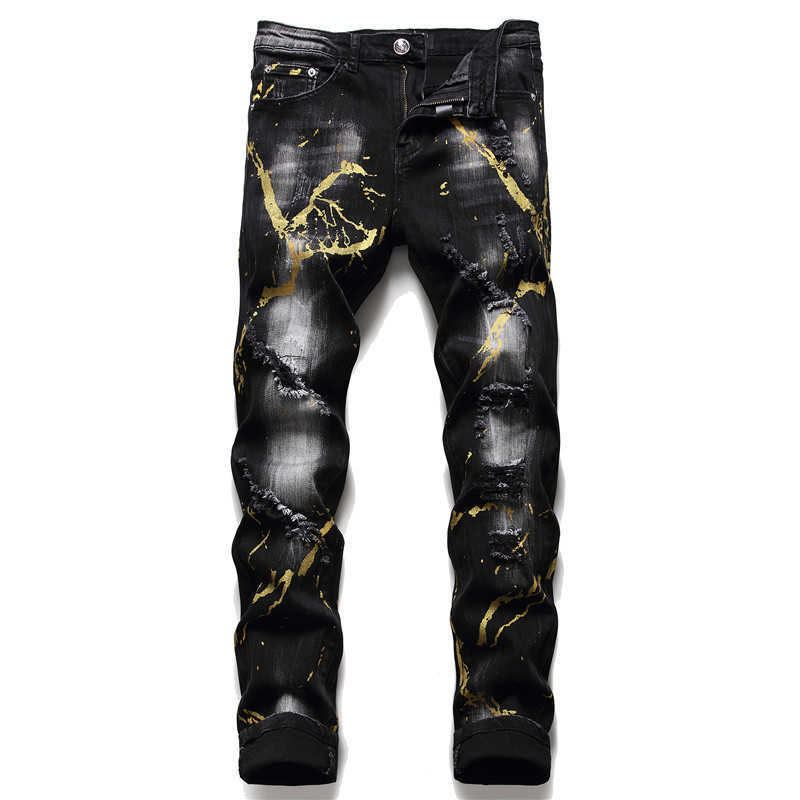 

Fall Winter New Tattered Men's Slim PP Wash Ripped Jeans Black Paint Splash Tight Stretch Fashion Male Trousers X0621