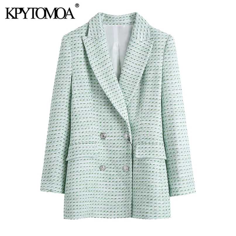 

KPYTOMOA Women Fashion Double Breasted Tweed Check Blazer Coat Vintage Long Sleeve Flap Pockets Female Outerwear Chic Tops 211019, As picture