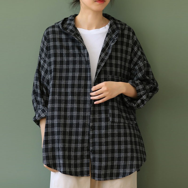 

Johnature Loose Leisure Long Sleeve Single Breasted Retro Plaid Hooded Shirt Autumn Comfortable All-match Women Tops 210521, Black