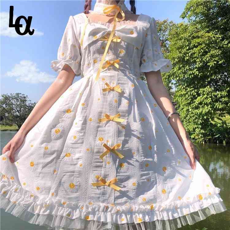 

Summer Japanese Kawaii Square Collar Short Sleeve a-line Print Dress Sweet White Lolita Lace Fairy Vestidos 210519