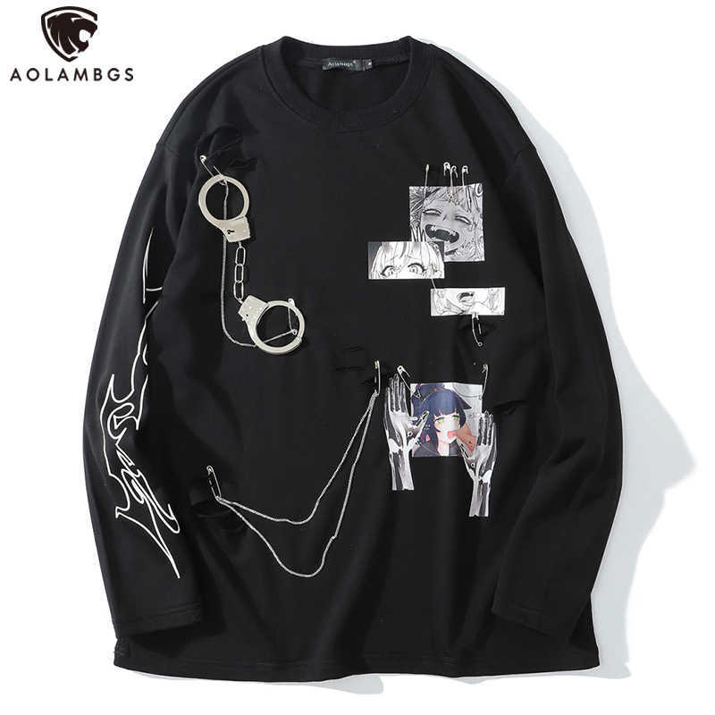 

Aolamegs Comics Anime Manga Illustration Hook And Loop Fastener Chain Design Thin Sweatshirt Streetwear Men High Street Pullover 210707, Black