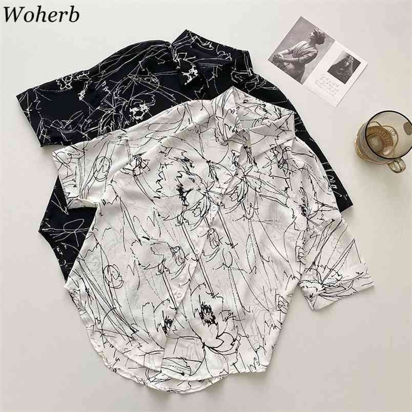 

Women Vintage Print Blouses Summer Blusas Loose Turn Down Collar Shirt Casual Japanese Elegant Chic Tops Mujer 4j417 210519, White