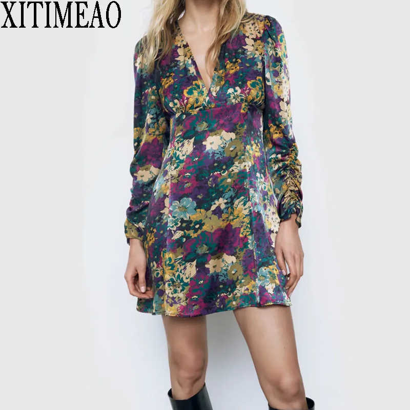 

XITIMEAO ZA Women Clothing Autumn Elegant Vintage V Neck Midi Dress Spring Casual Long Sleeve A Line Mini Skirt 210602, As picture