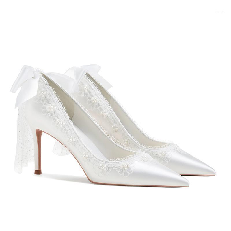

Dress Shoes 2021 Spring White Satin Stiletto High Heel Bridal Wedding Single Pointed Toe Banquet Ribbon Women's, Heel height 8 cm