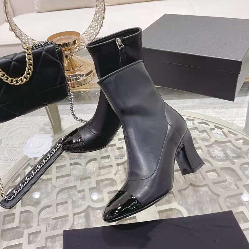 

Round Toe Square Heels Genuine Leather Women Boots Luxury Brand Short Boots Solid Color Female Winter Warm Chelsea Boots Women, Black