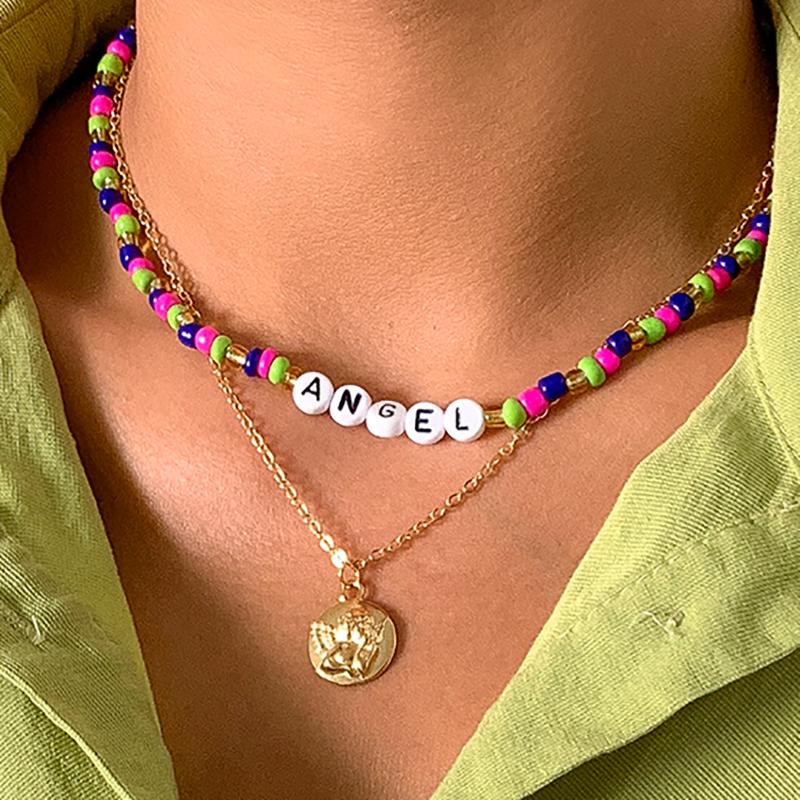 

Pendant Necklaces Bohemian Pastoral Rice Bead Chain Necklace Letter Angel Set Retro Portrait Stacked Wearing Fine Jewelry