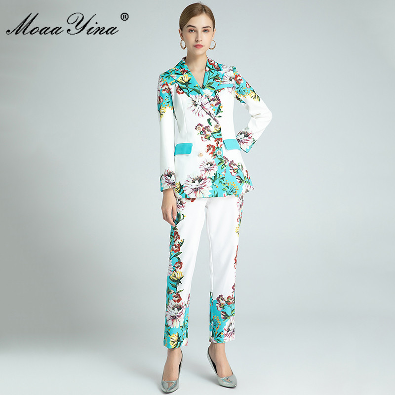 

Fashion Set Spring Women's Long sleeve Double breasted Suit Tops+Floral-Print Trousers Two-piece set 210524, Multi