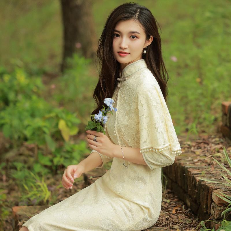 

Ethnic Clothing Chinese Style Lace Dress Cloak Cheongsam Two-piece Women Autumn Vintage Elegant Slim Mid-length Qipao Female