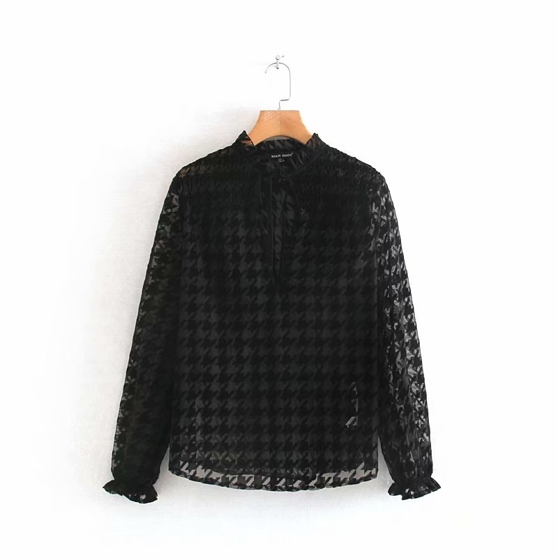 

women sexy deep v neck houndstooth pattern casual mesh blouses shirts women long sleeve ruffles lace up smock blusas LS4299 210603, As pic ls4299cc