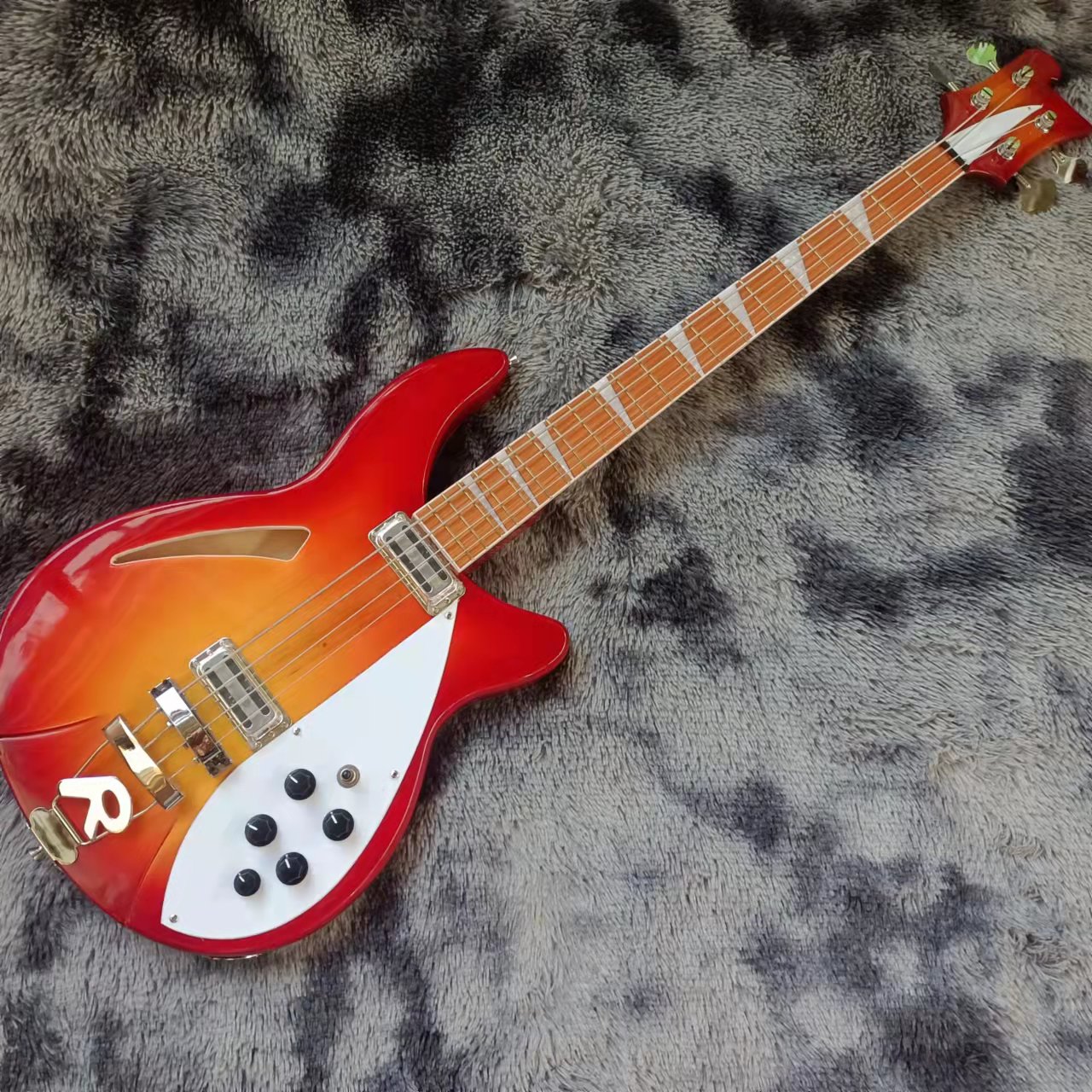 

cherry red rickenback 360 electric bass half hollow body ric bass guitar with shark pin inlays