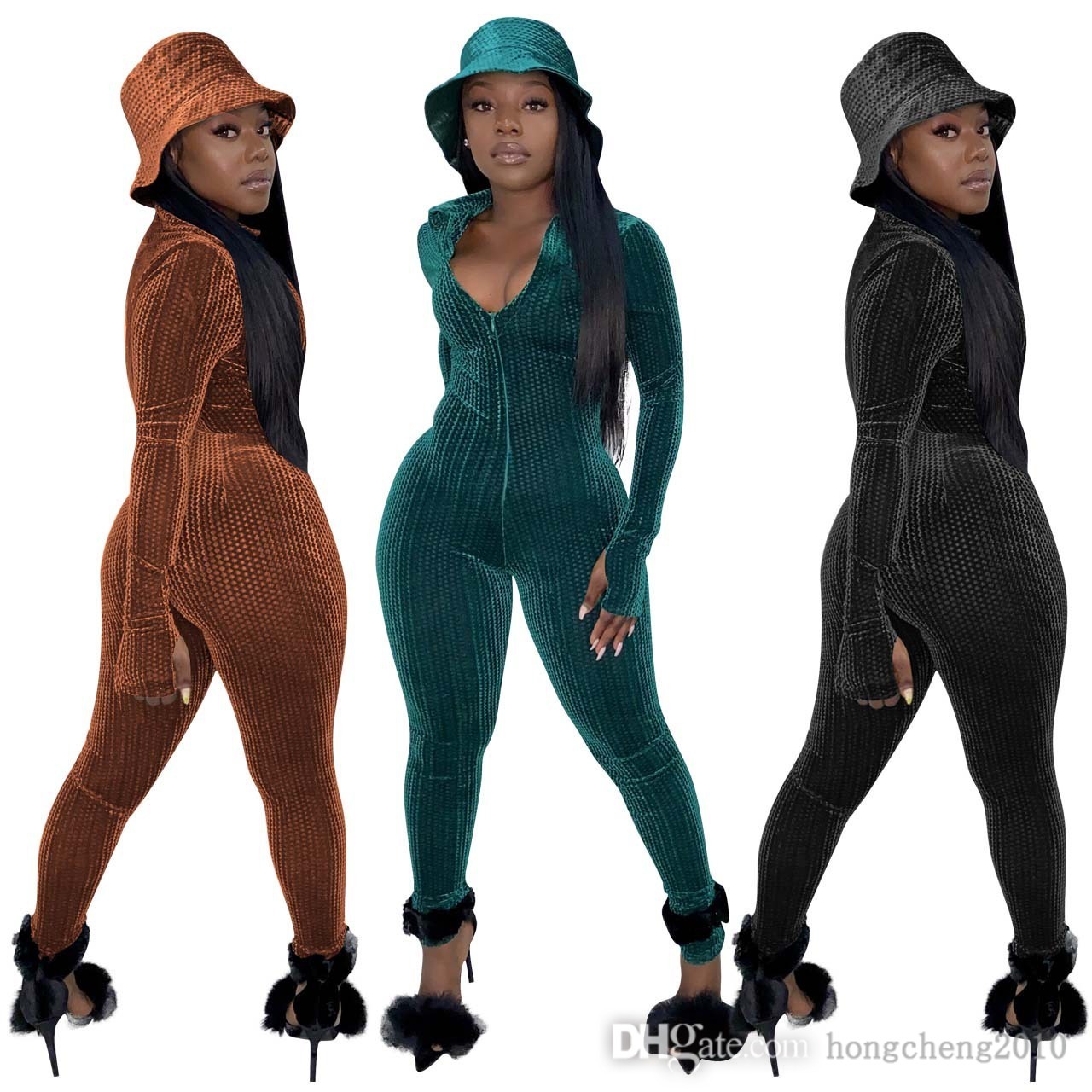 

Autumn Winter Women Korean Velour Jumpsuits Deisgner Solid Color Sexy Long Sleeve V-neck Zipper Onesies Plus Size Rompers, Brown