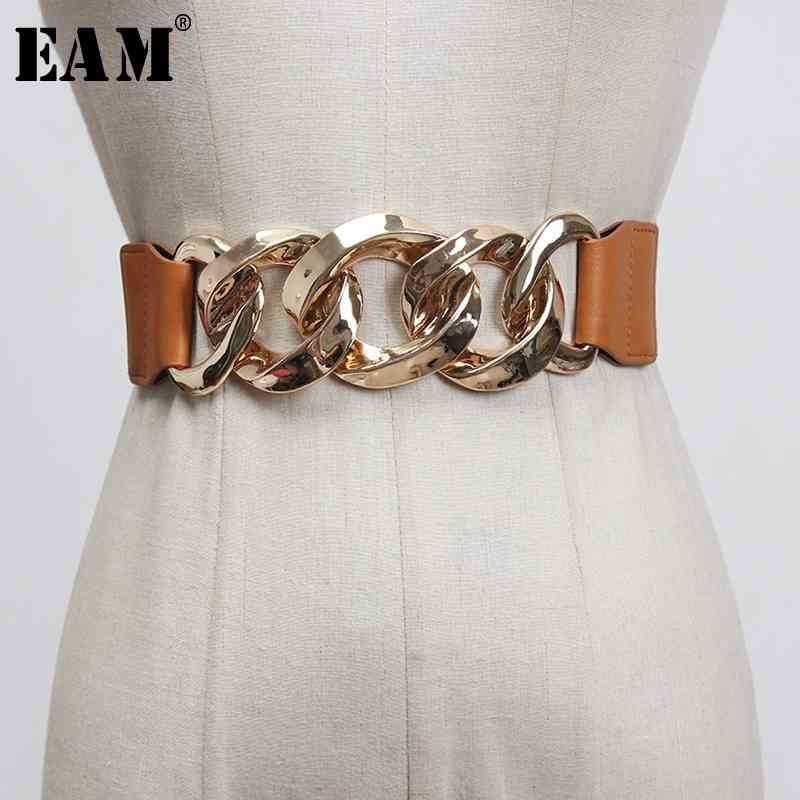 

[EAM] Camel Pu Leather Metal Split Joint Elastic Wide Belt Personality Women New Fashion All-match Spring 1X048 210310, Black