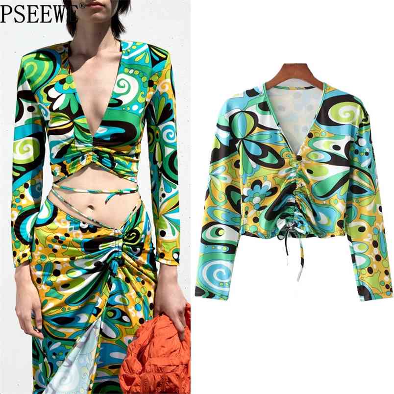 

Blouses Women Green Print Crop Top Long Sleeve V Neck Adjustable Ties Chic Woman Blouse Ruched Vintage Summer Tops 210519