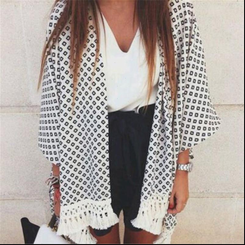 

flare sleeve long geometry womens shirt printed summer chiffon tassel loose casual shawl kimono cardigan, White