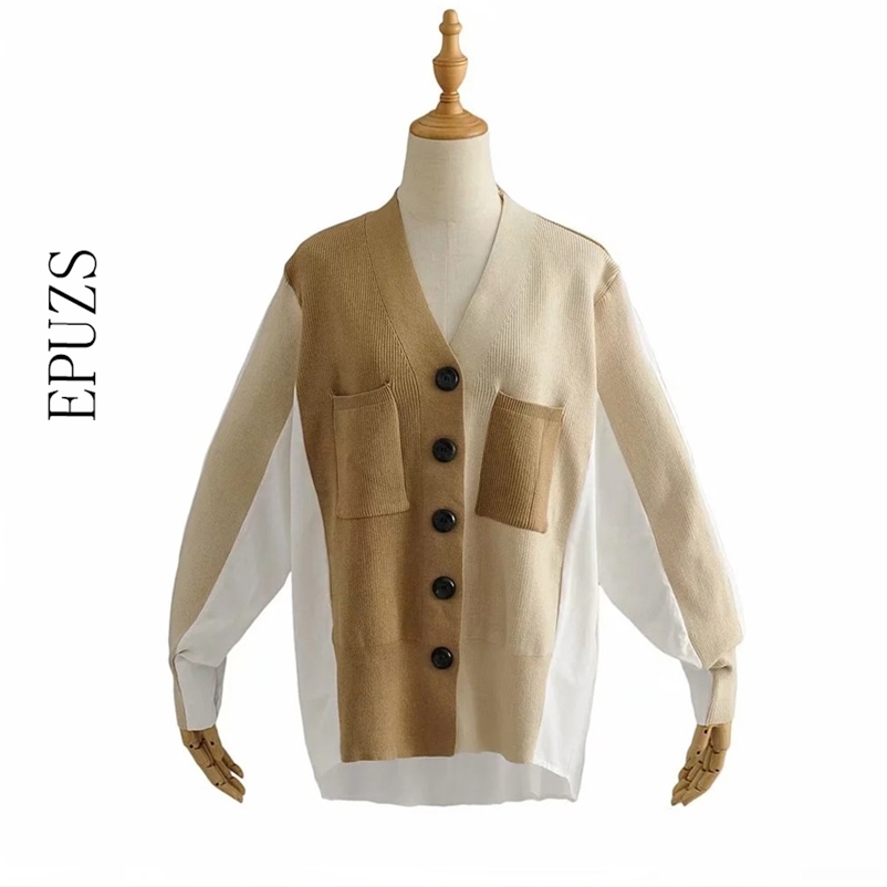 

fashion Knitted Cardigan jacket Women patchwork Long Sleeve Jacket Casual Loose Outerwear Chic Tops 210521, Khaki