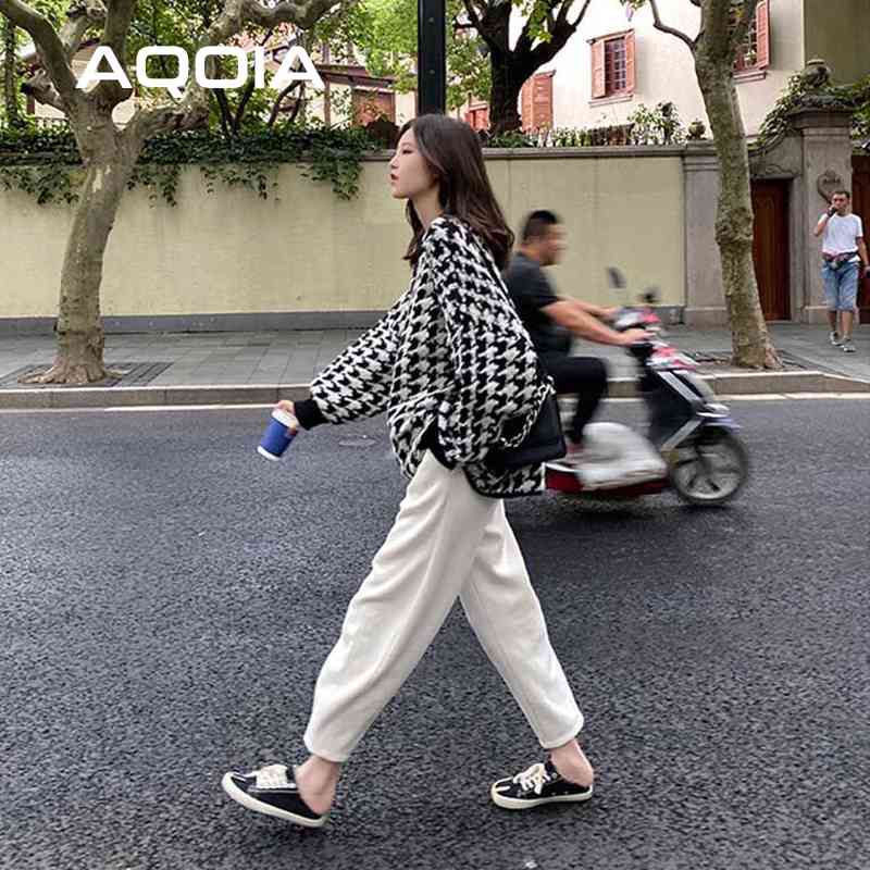 

Winter Vintage Style Houndstooth Knit Women's Sweaters Long Sleeve Loose Women Sweater Autumn Thick Warm Female Pullover 210521, Sku