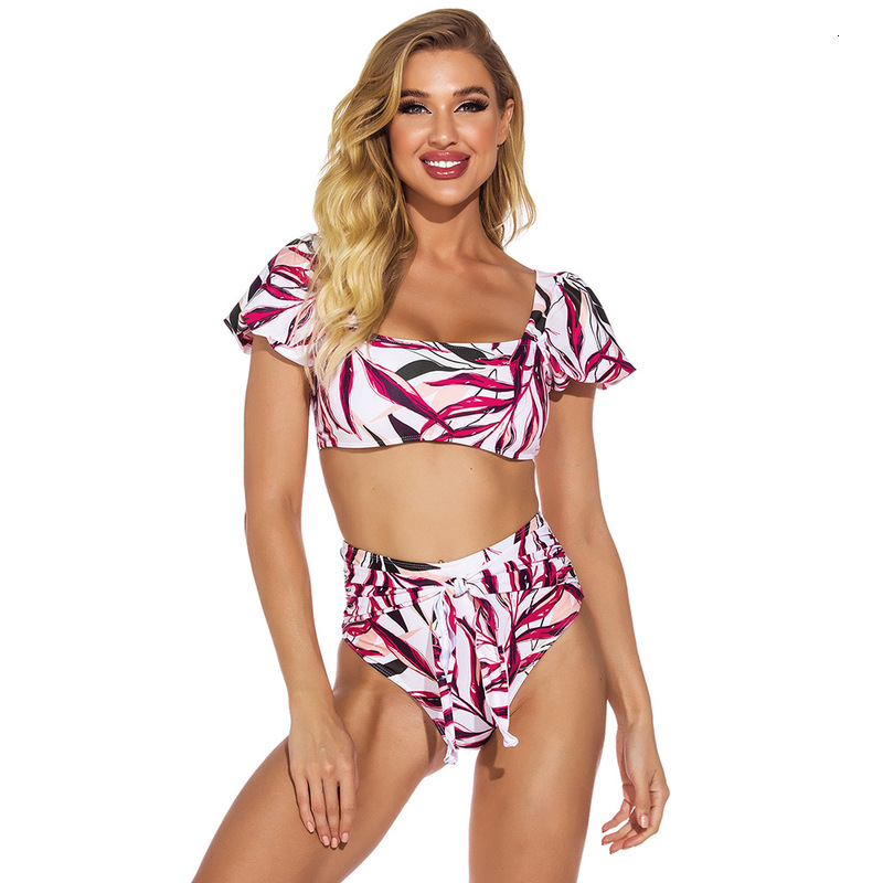 Conservative 2021 New Women&#039;s Short Sleeve High Waist Split Swimsuit Printed Bikini-image-671659225