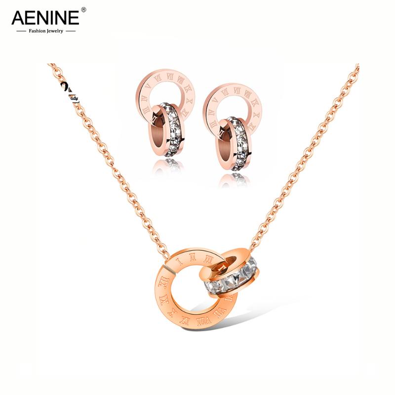 

Earrings & Necklace AENINE Mosaic CZ Crystal Double Circle Pendant Stud Stainless Steel Wedding Jewelry Sets For Women ASE002, Silver