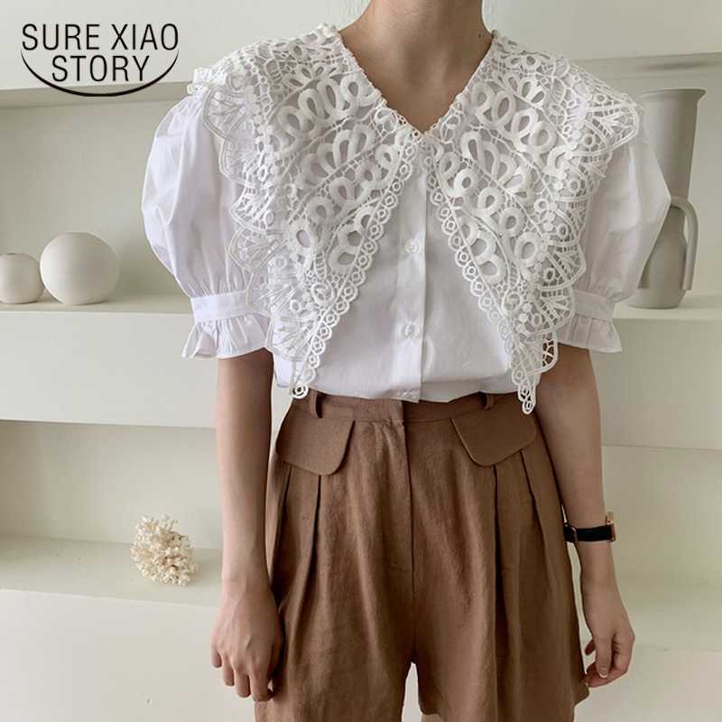 

Vintage Blouse Women Lace Tops Korean Chic Lapel White Blouses Summer Puff Sleeve Casual Femme Clothes Blusas 13813 210527, Black